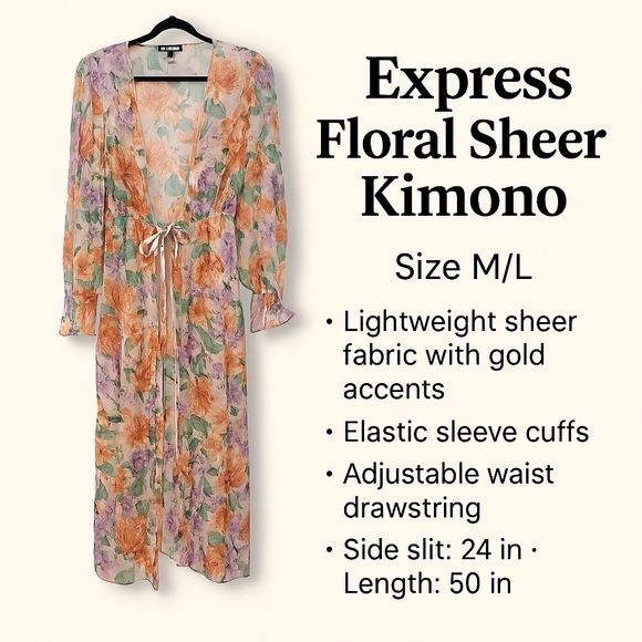 Express Sheer Floral Kimono with Gold Accents – Size M/L - Picture 1 of 12